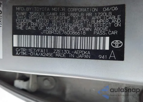 2006 Toyota Corolla Ce z USA, uszkodzony, nr VIN JTDBR32E760086618